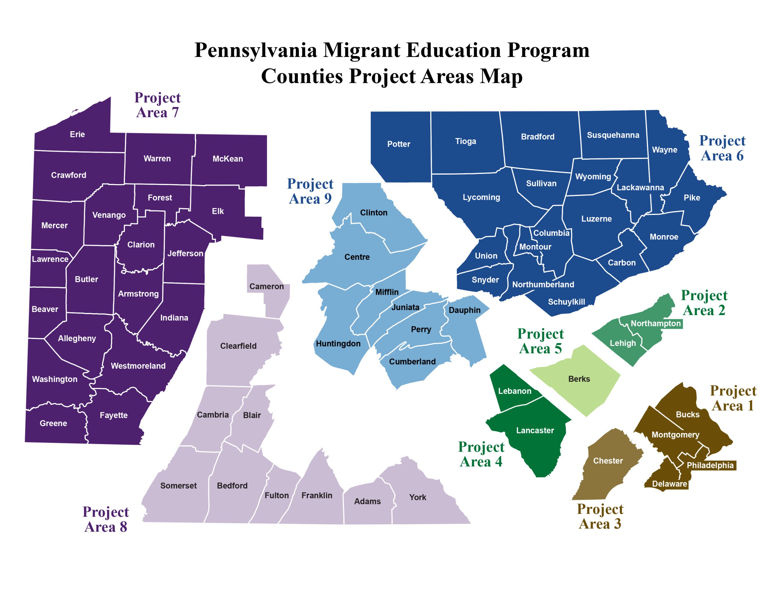 visual reprensentation of Pennsylvania Migrant Education Program Counties Project Areas Map